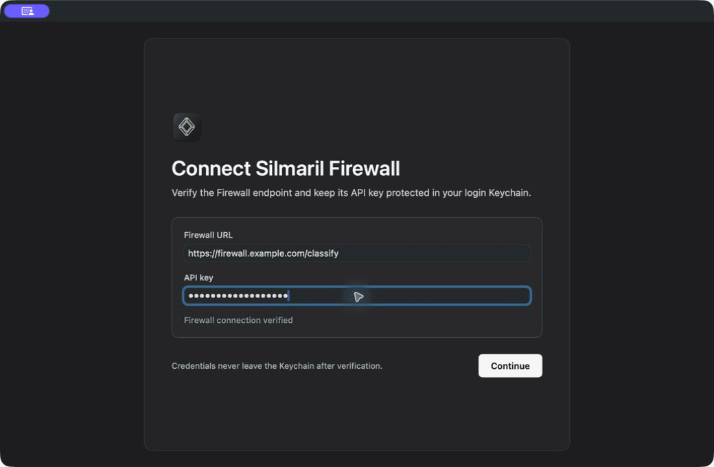Silmaril onboarding connection panel with a synthetic Firewall URL and masked API key