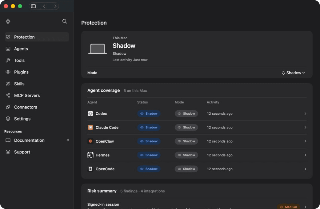 Silmaril Protection page showing a synthetic list of supported agents in Shadow mode